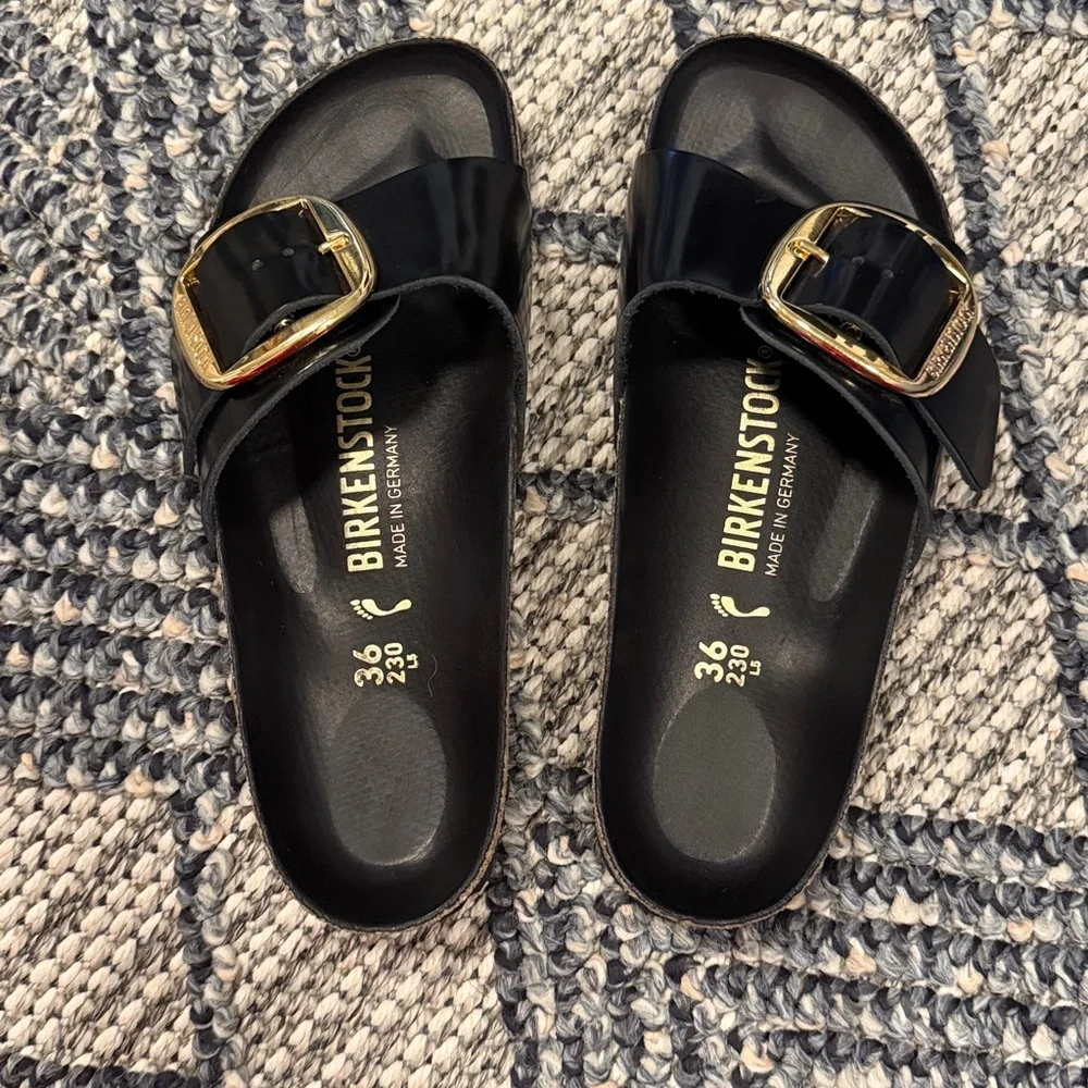 Birkenstock Madrid High Shine Big Buckle Black Sandals Size 36 - Picture 2 of 4